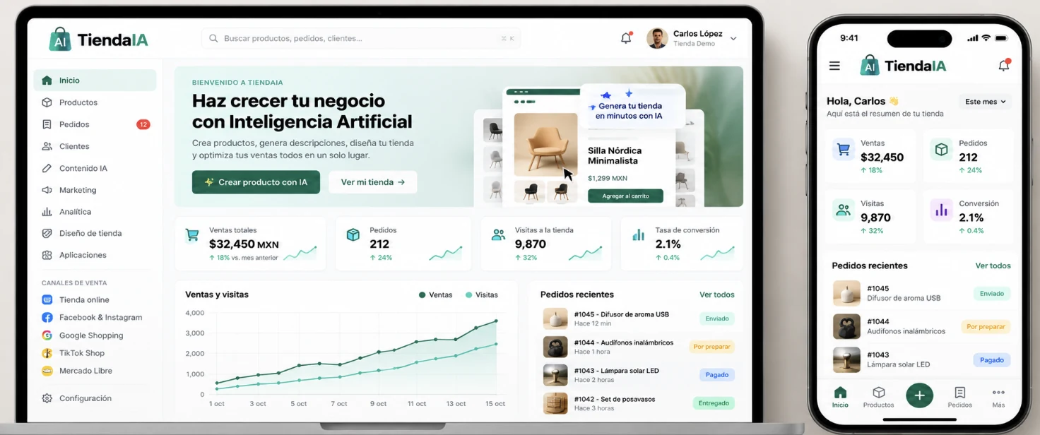TiendaIA en computadora y en teléfono: resumen de ventas, visitas y pedidos recientes (datos de demostración)