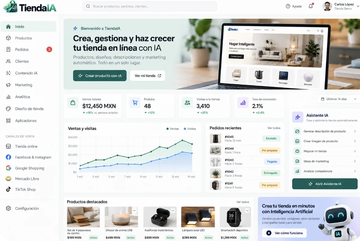 Panel de inicio de TiendaIA con ventas, pedidos recientes, productos destacados y el asistente de IA (datos de demostración)